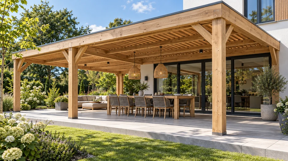 Large custom timber terrace roof beside a house