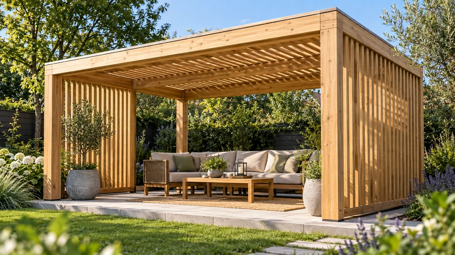 Custom timber pergola with slatted side walls