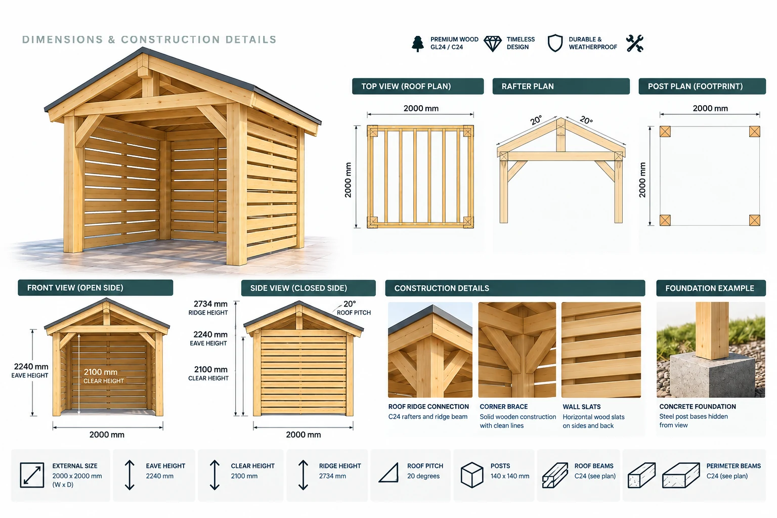 Technical board for Bike / Moto Shelter Gable Roof 22m: roof plan, front view, side view, post plan, foundation example, beam sizes and clear height