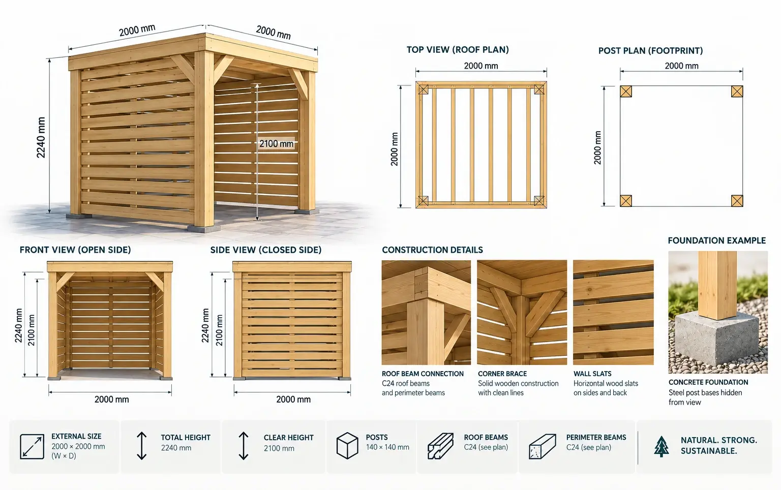 Technical board for Bike / Moto Shelter Flat Roof 22m: roof plan, front view, side view, post plan, foundation example, beam sizes and clear height
