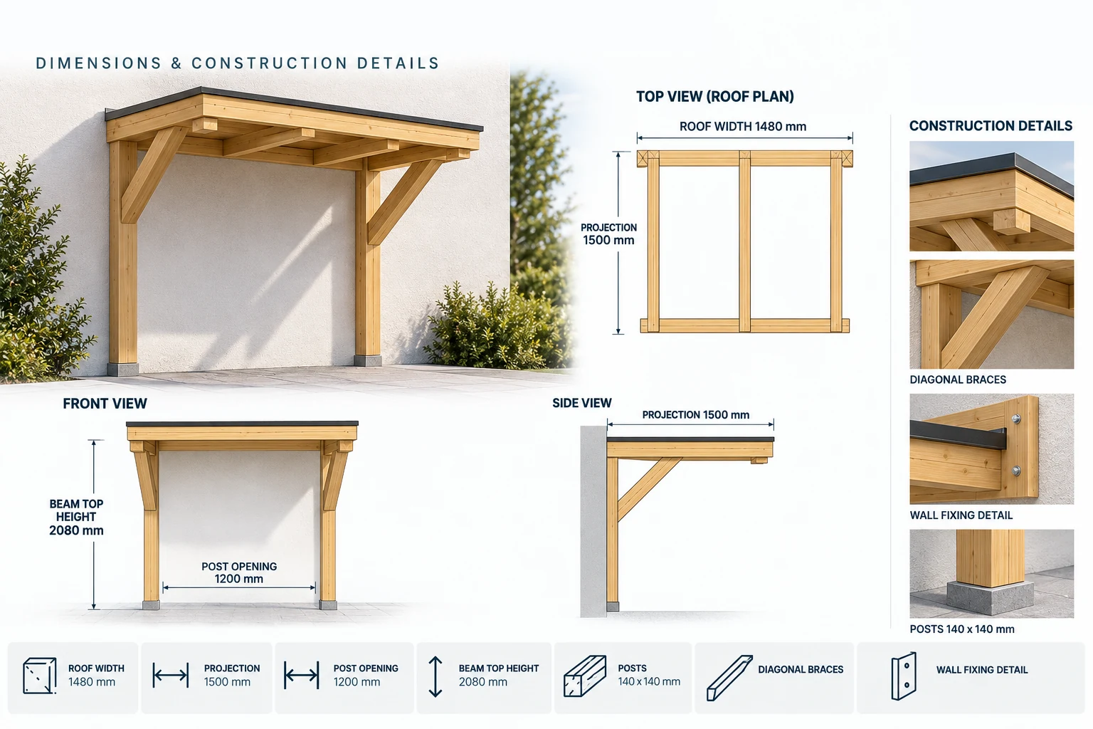 Technical board for Entrance Canopy 1.5 × 1.2 m: roof plan, front view, side view, post plan, foundation example, beam sizes and clear height